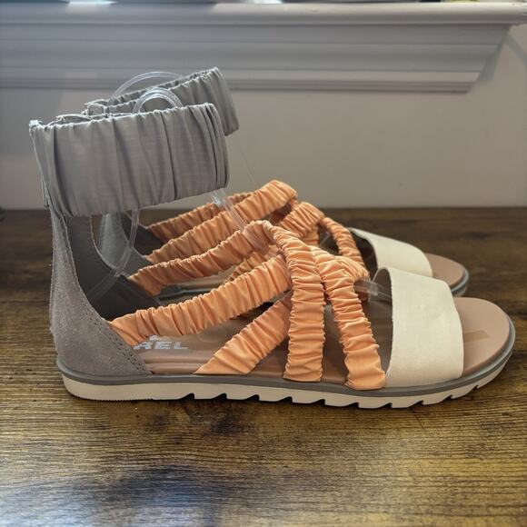 Sorel Womens Shoes 6 1/2 Gray And Orange Ella II Ankle Strap Sandal Back Zip - Picture 10 of 12